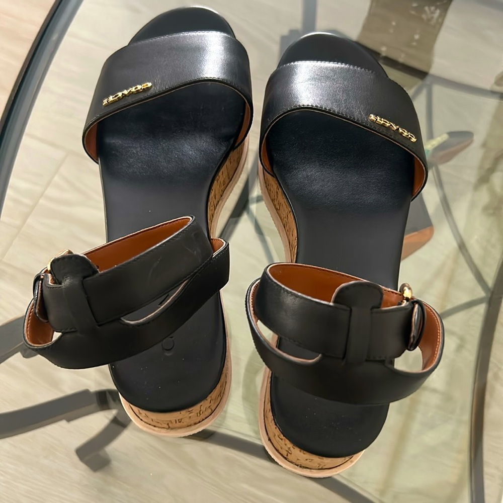 Coach black leather cork wedge sandals - Picture 2 of 6
